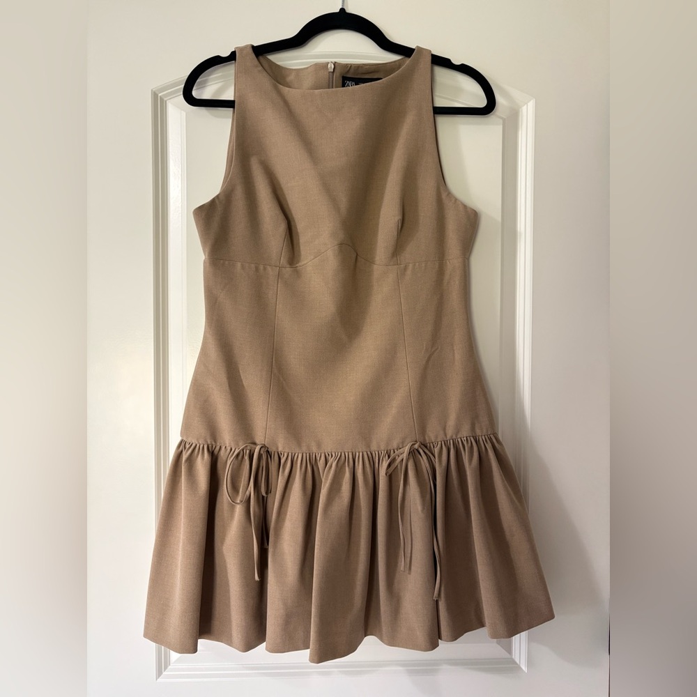 Zara drop waist tan dress with bow detail